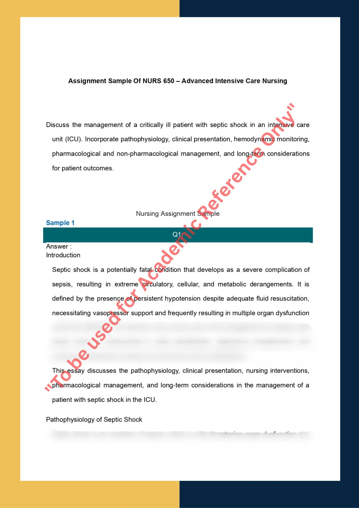 Assignment Sample Of NURS 650 – Advanced Intensive Care Nursing 0